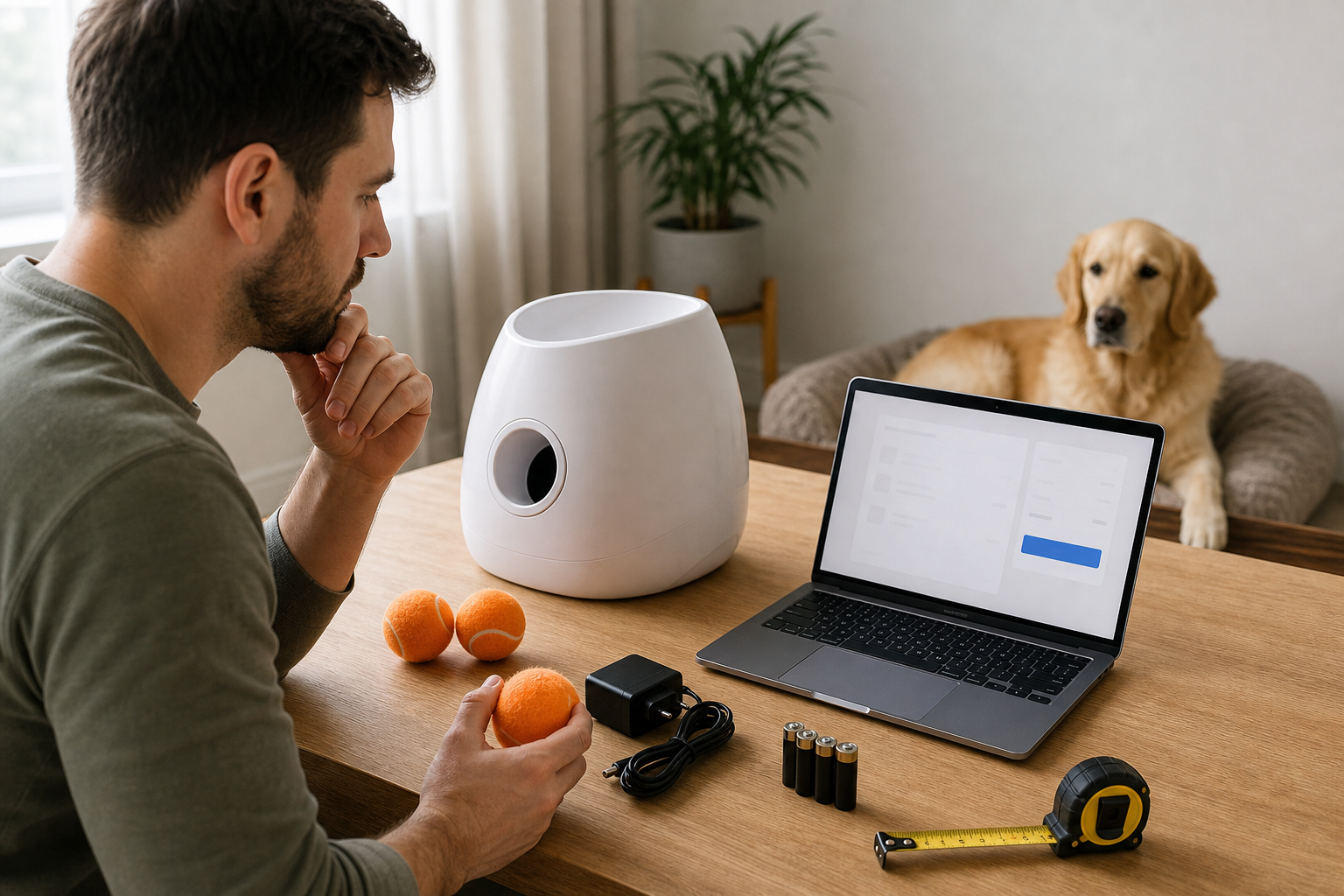 Pet owner comparing an unbranded automatic ball launcher before checkout
