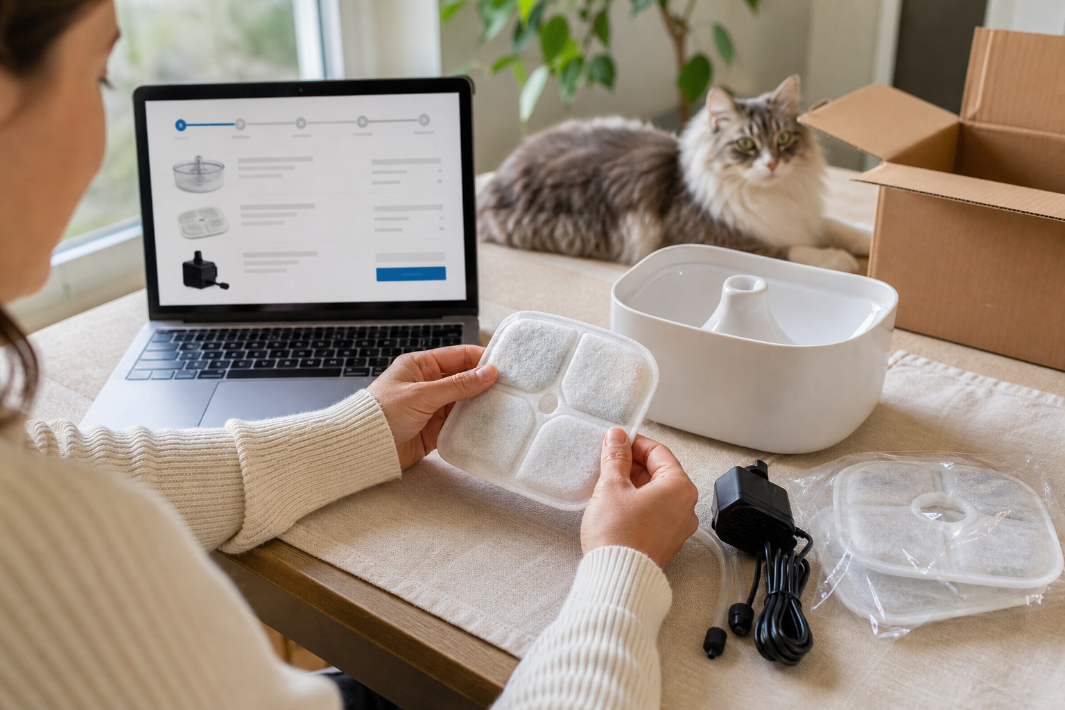 Pet owner checking filters and pump parts for an unbranded cat water fountain