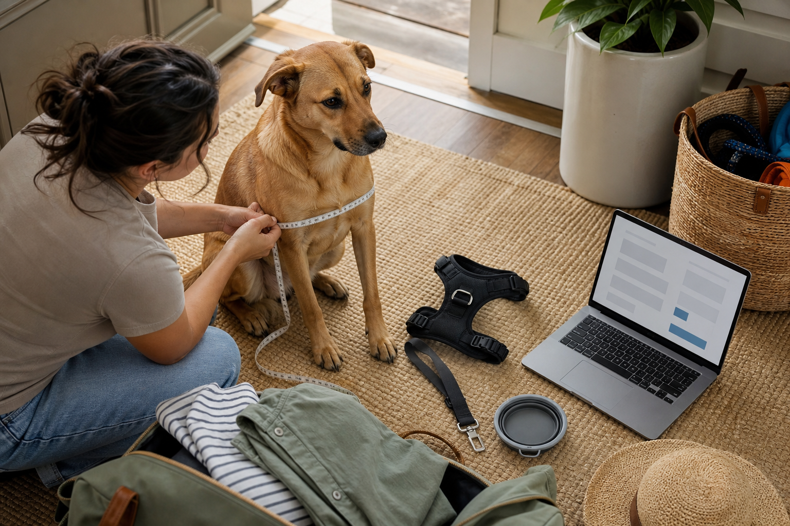 Pet owner measuring a dog before buying an unbranded car harness