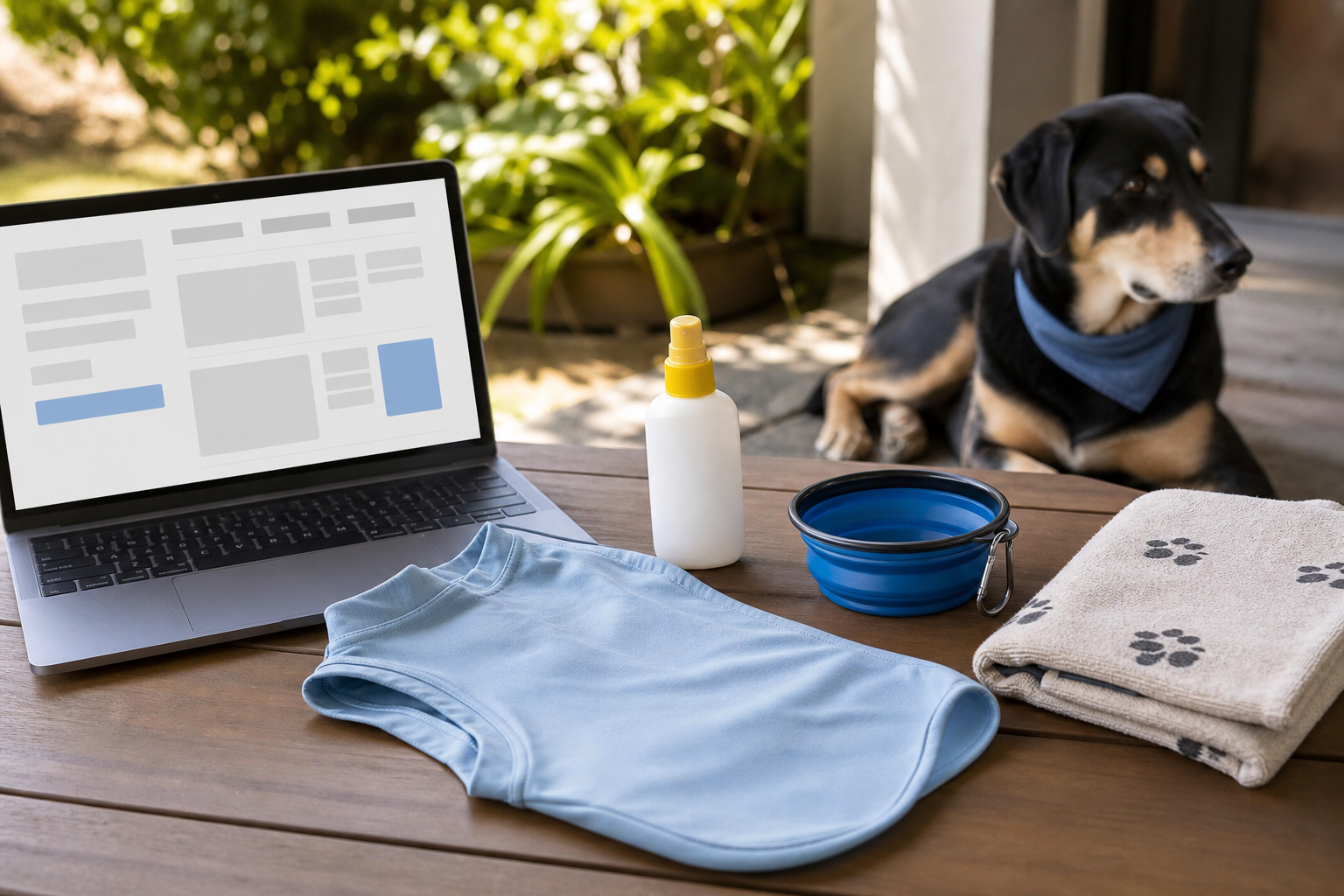 Unbranded dog sunscreen bottle, sun shirt, water bowl and generic checkout screen with a dog nearby.