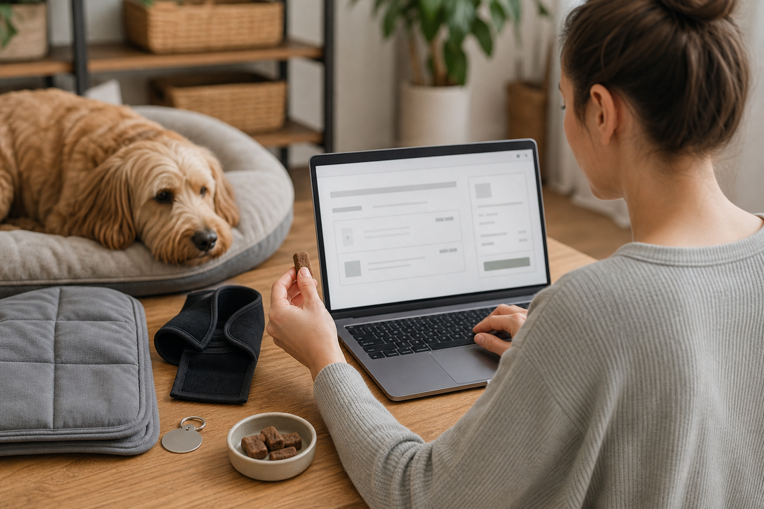 Pet owner checking unbranded calming chews, wrap and ID tag before checkout