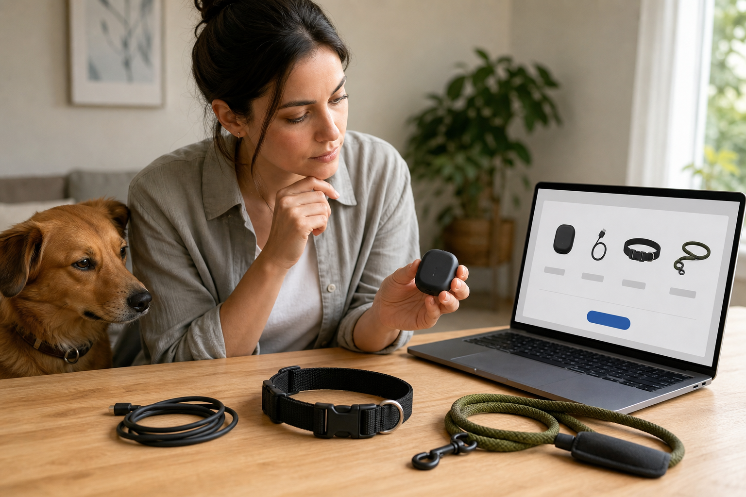 Pet owner comparing an unbranded GPS tracker and collar before checkout
