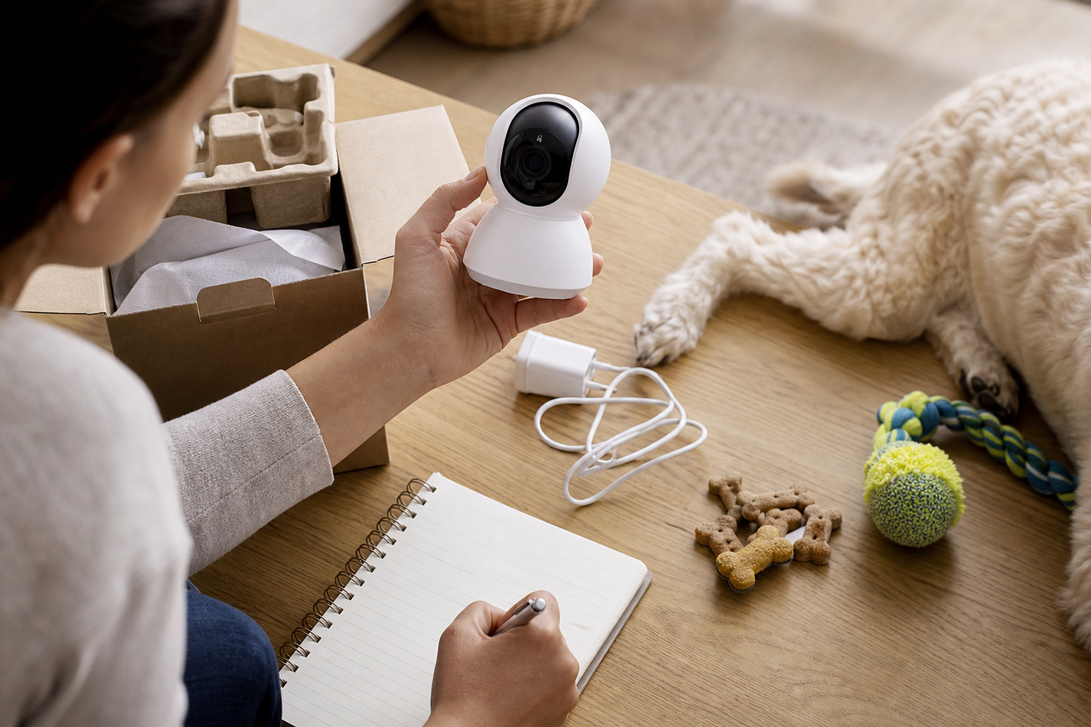 Pet owner checking an unbranded smart pet camera before setup