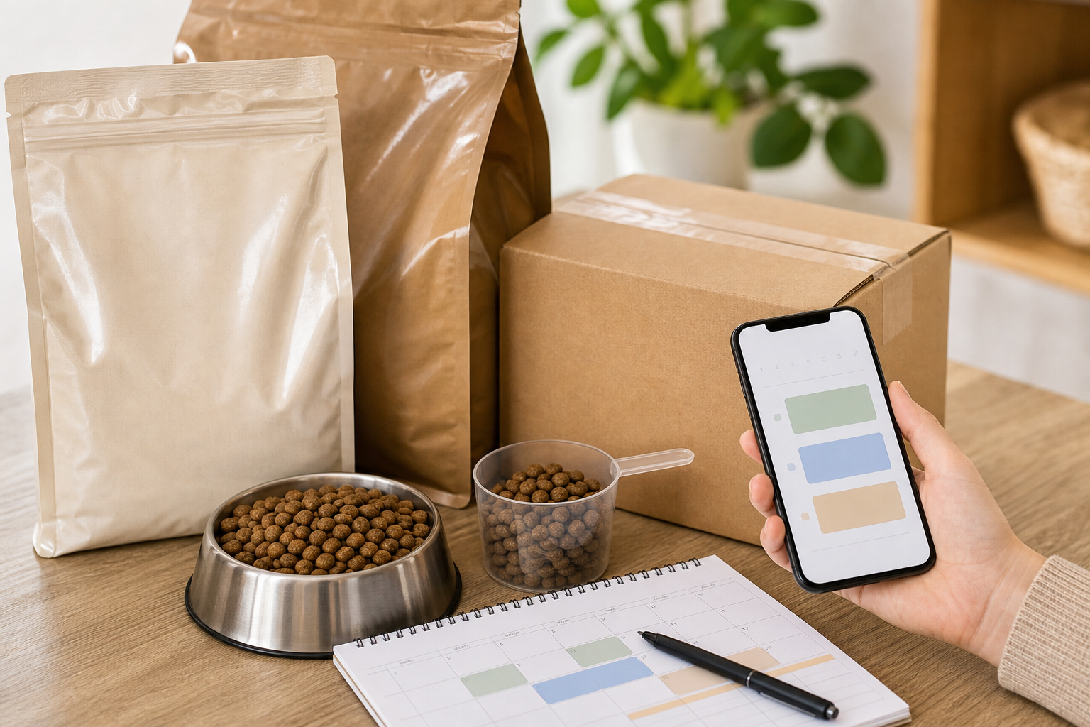 Unbranded pet food, measuring cup, calendar and shipping box for autoship planning