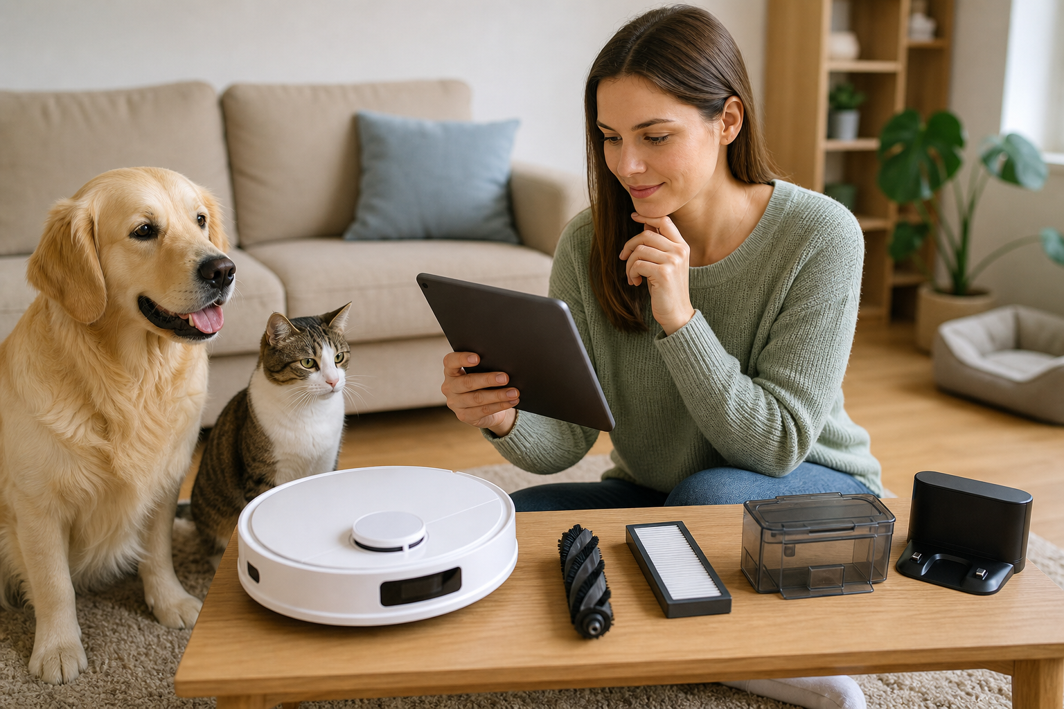 Pet owner checking unbranded robot vacuum replacement parts before checkout