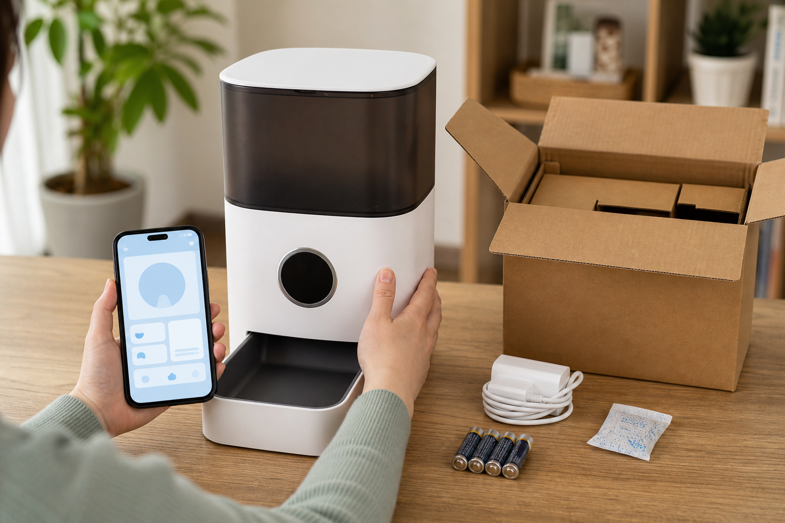 Unbranded smart feeder checkout scene with pet food and checklist