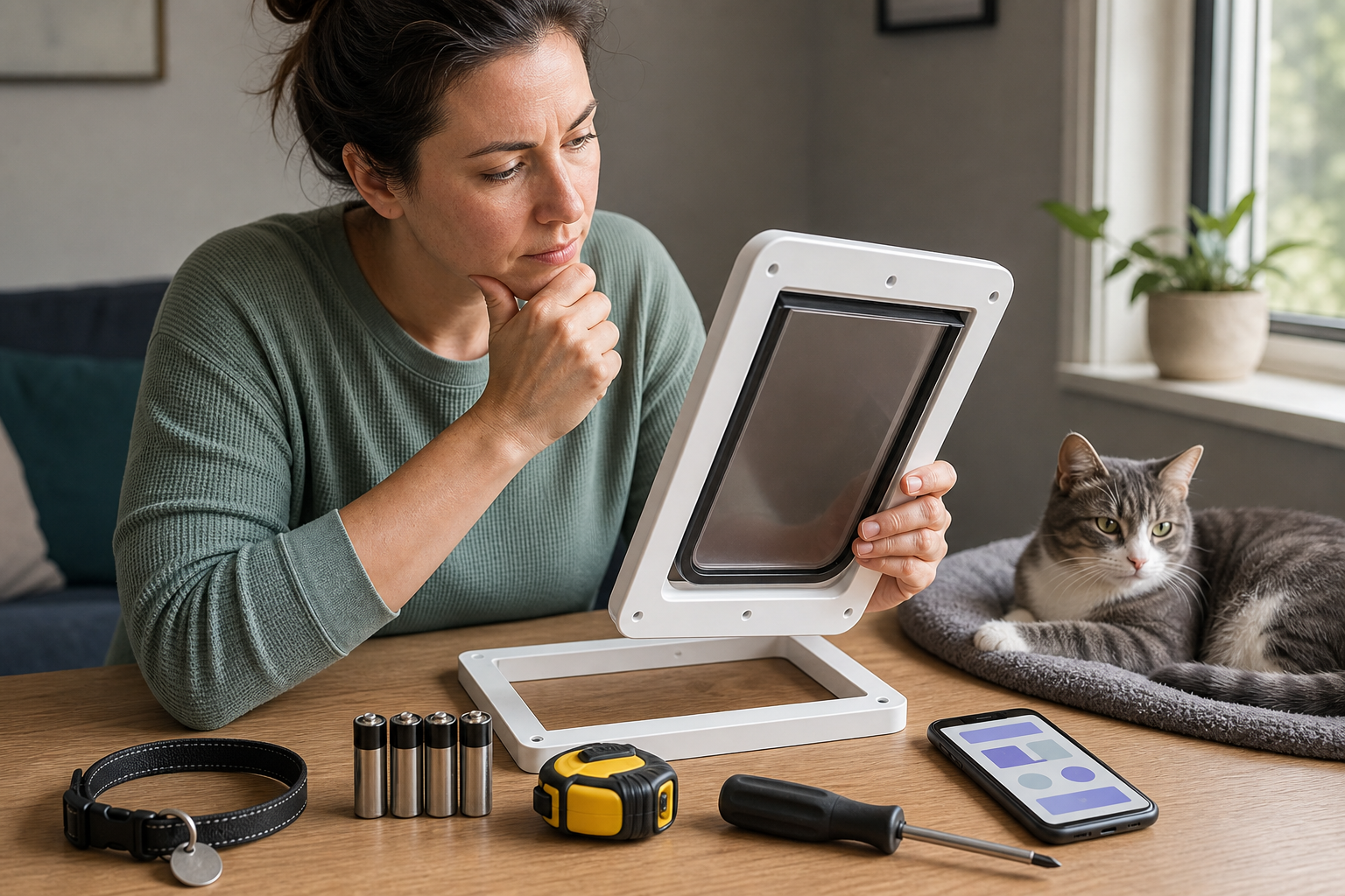 Unbranded pet door kit with batteries collar tag measuring tape screwdriver and generic phone screen