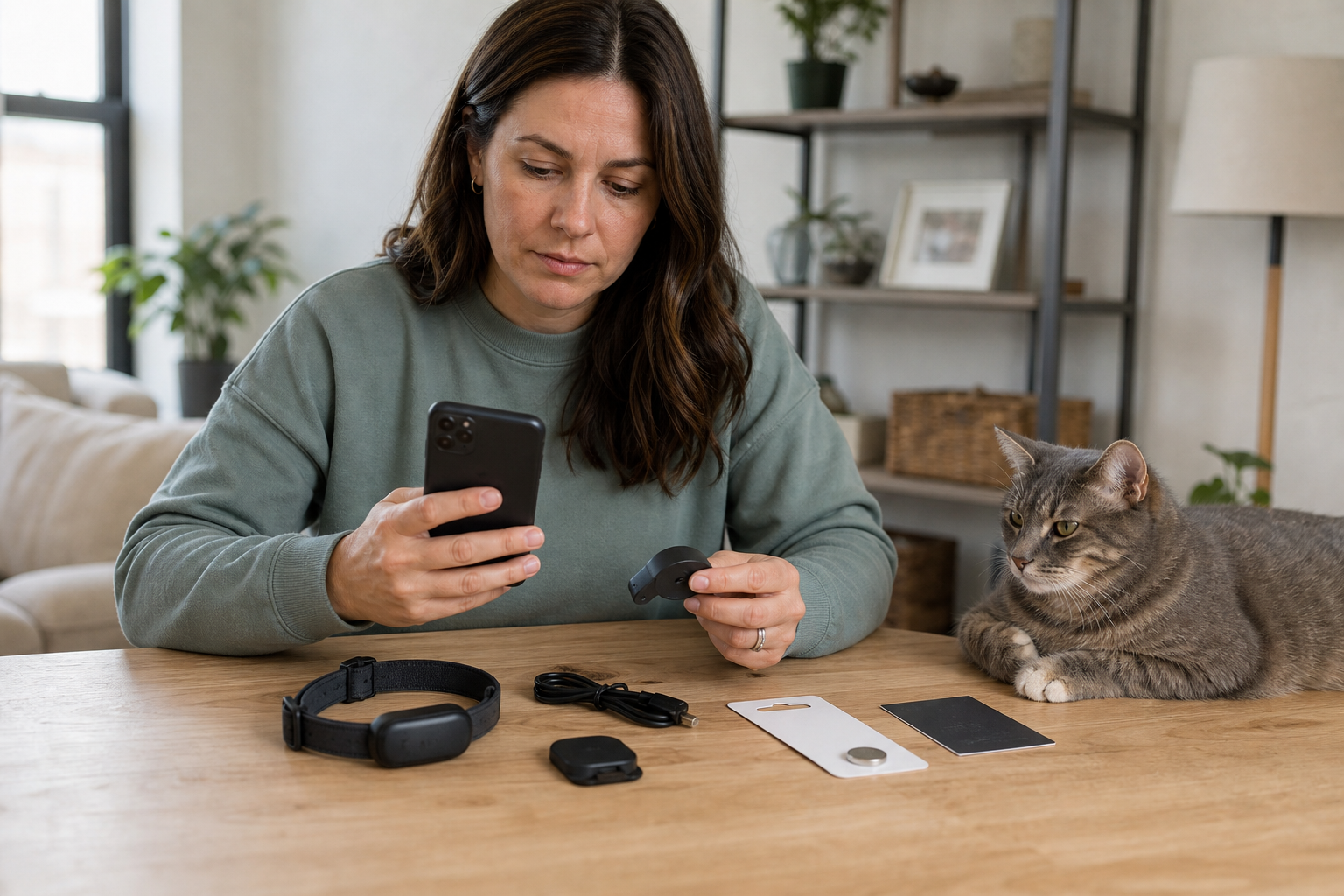 Pet owner checking an unbranded smart pet collar sensor before checkout
