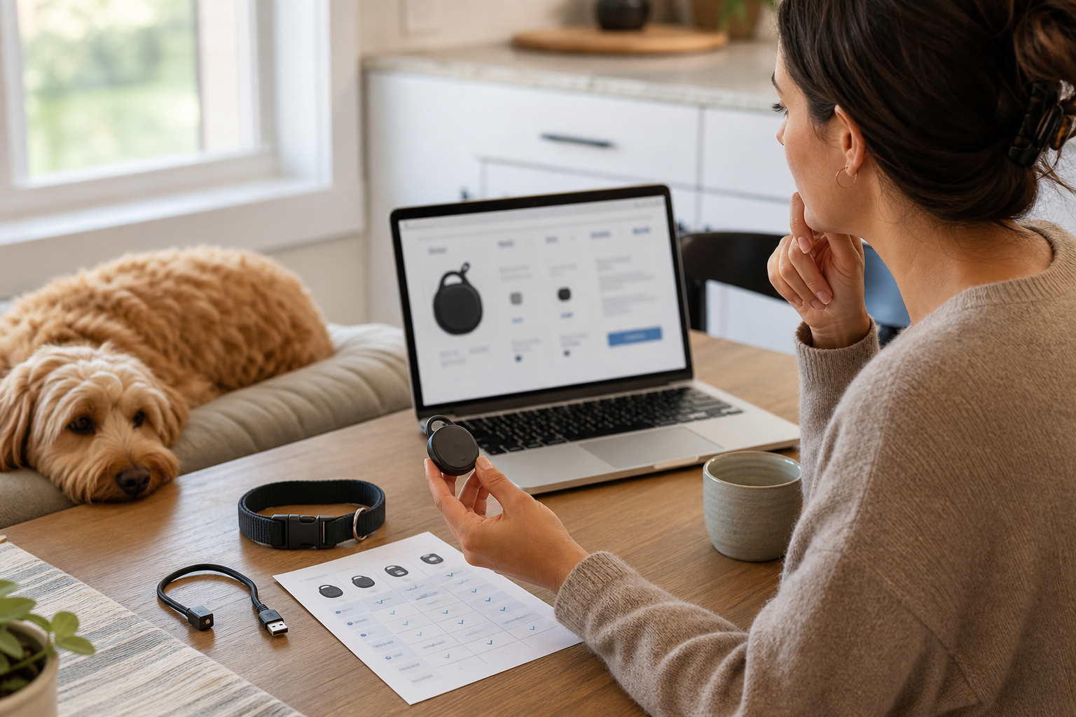 Pet owner checking an unbranded smart collar tag before buying AI pet translator gadget