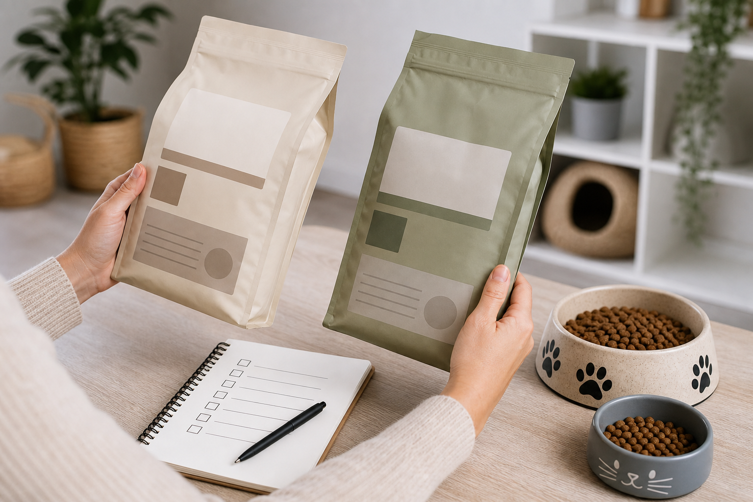 Unbranded pet food bags being compared before checkout
