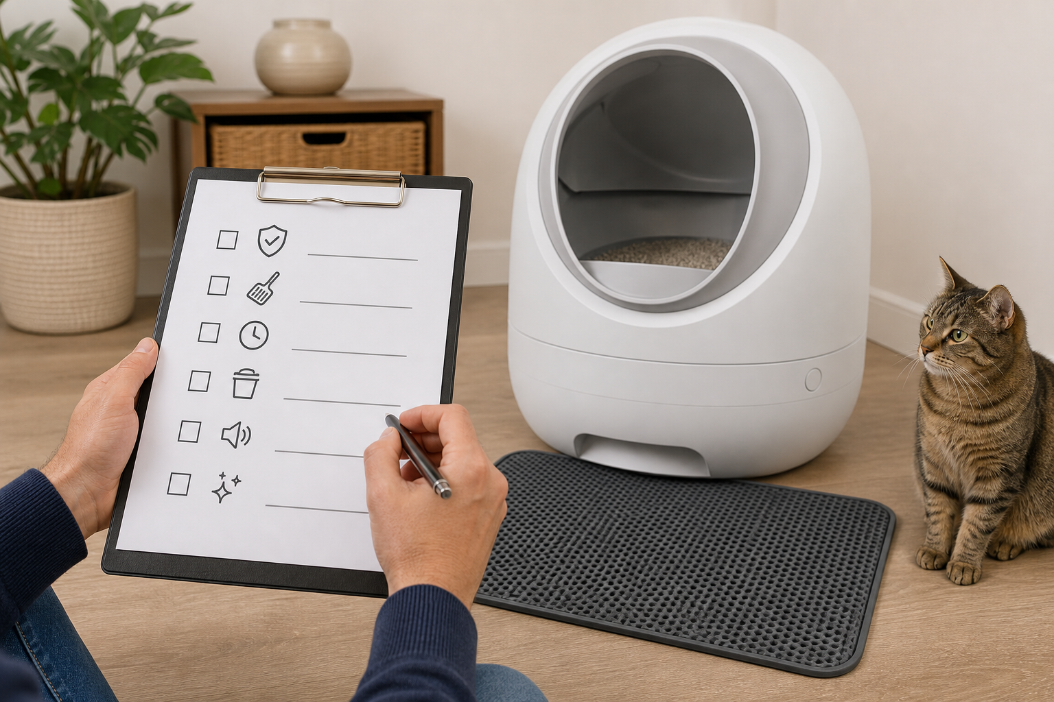 Unbranded automatic litter box with a blank checkout checklist for sensor and placement checks