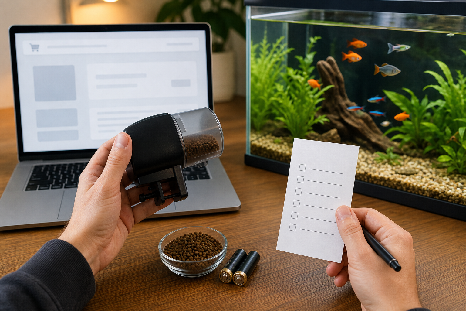 Unbranded automatic fish feeder checkout scene with dry food, batteries and a clean aquarium