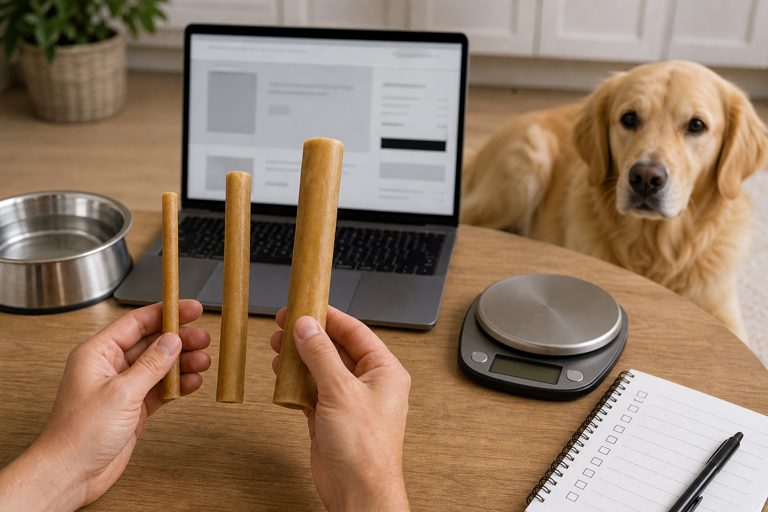 Pet owner comparing unbranded dog chew stick sizes before checkout