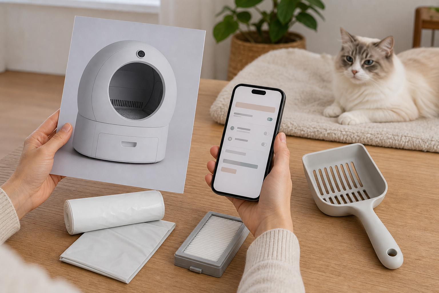 Unbranded camera litter box app and refill supplies checkout scene