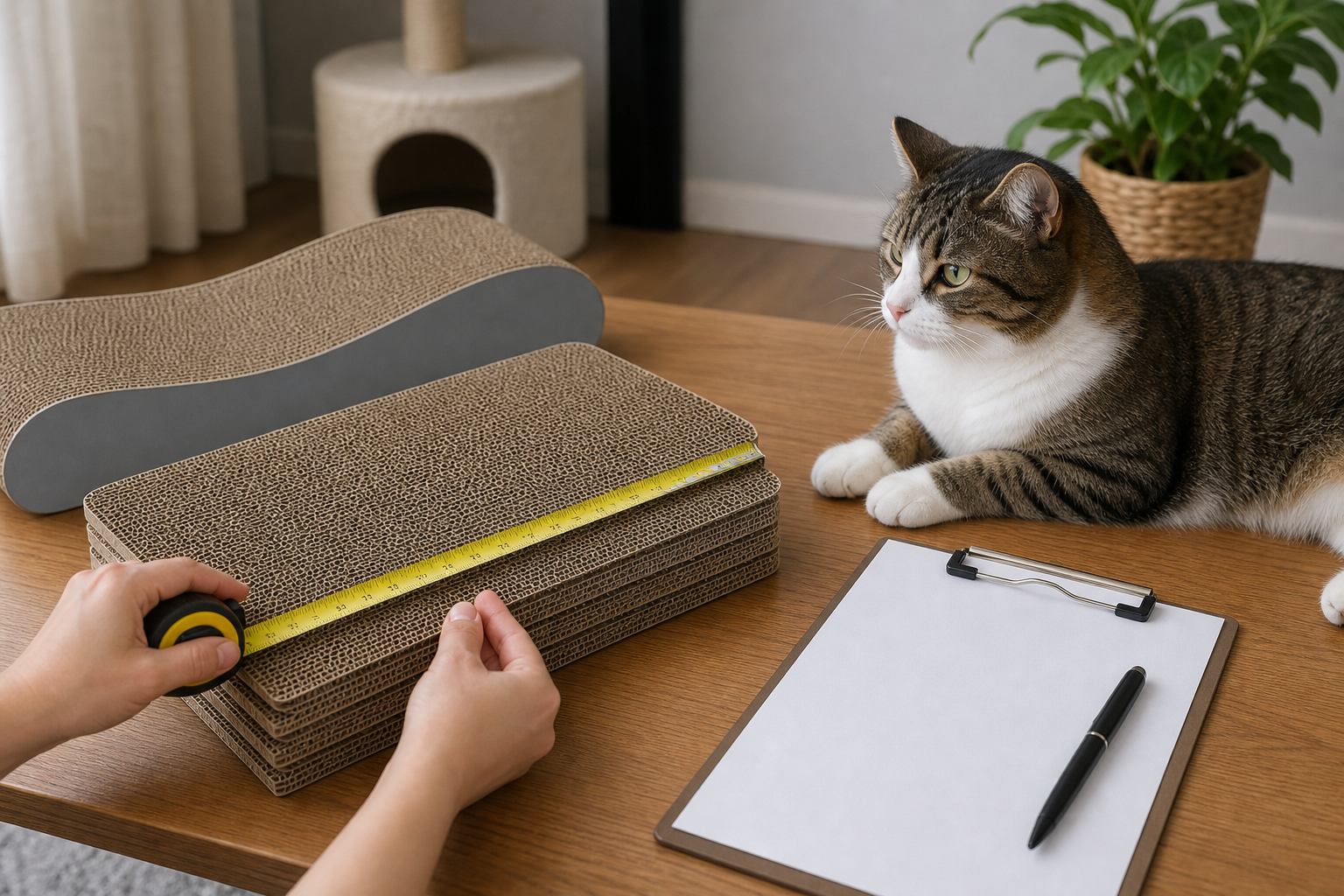 Measuring unbranded cardboard cat scratcher refill pads before checkout