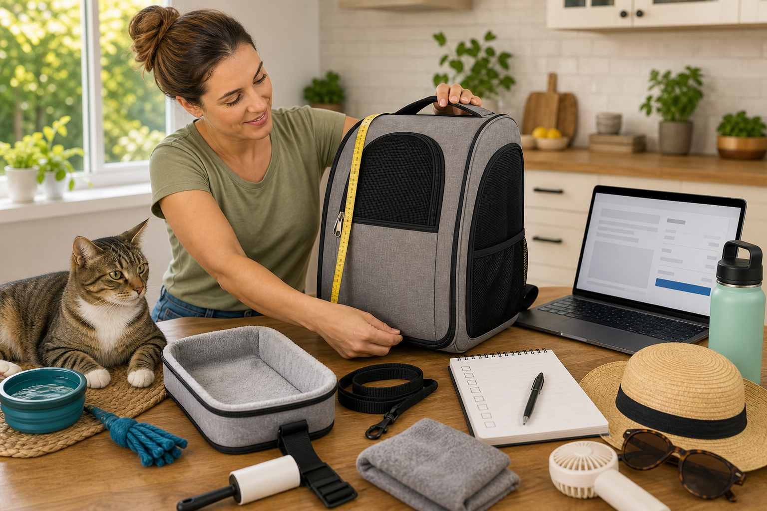 Pet owner checking an unbranded cat backpack carrier before checkout