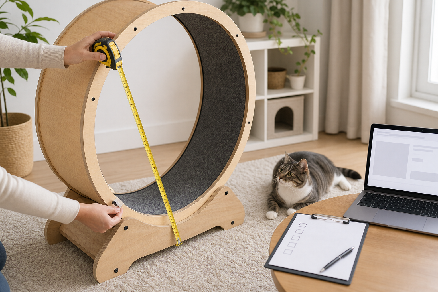 Pet owner measuring an unbranded cat exercise wheel before checkout