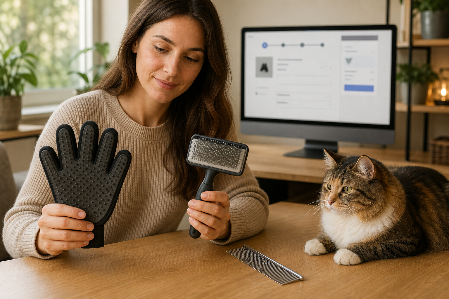Pet owner comparing an unbranded cat grooming glove brush and comb