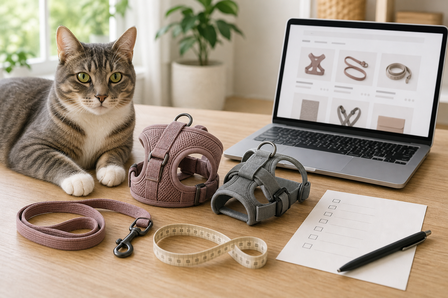 Unbranded cat harness and leash beside a fit checklist before checkout