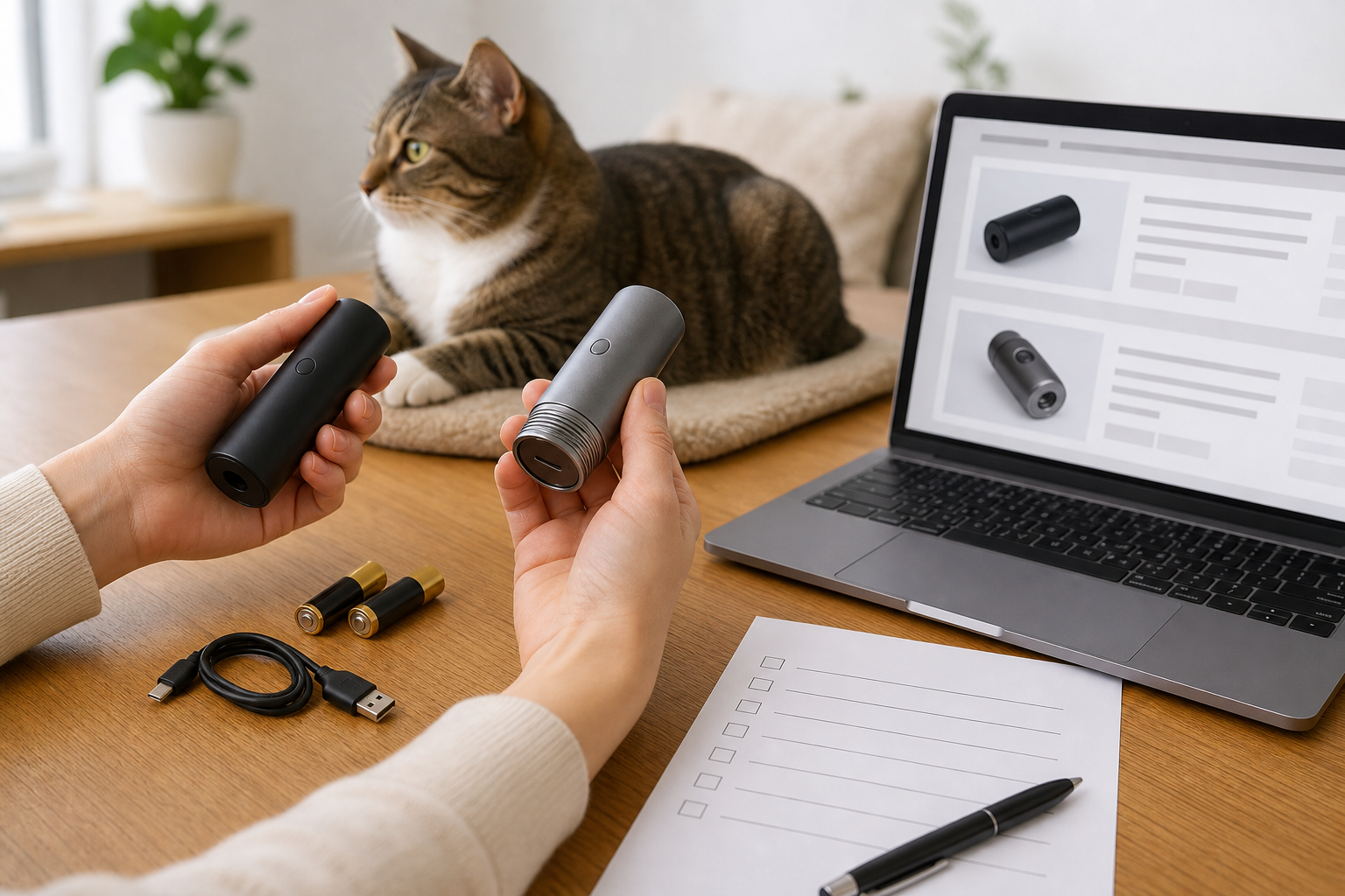 Hands checking an unbranded cat laser toy battery compartment before checkout