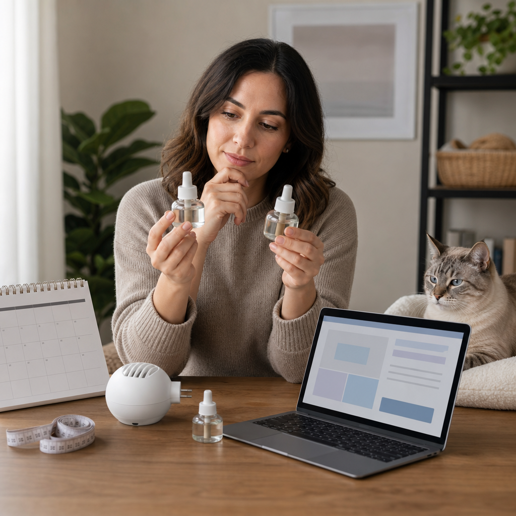Pet owner comparing unbranded cat pheromone diffuser refills before checkout
