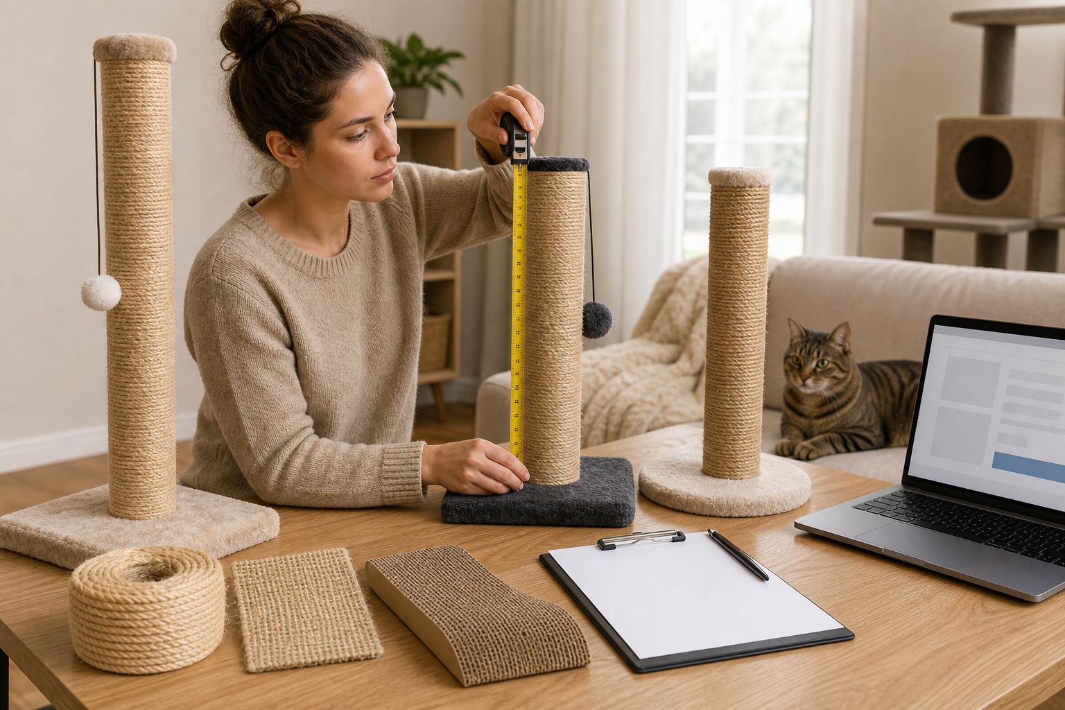 Cat scratching post and checkout comparison scene