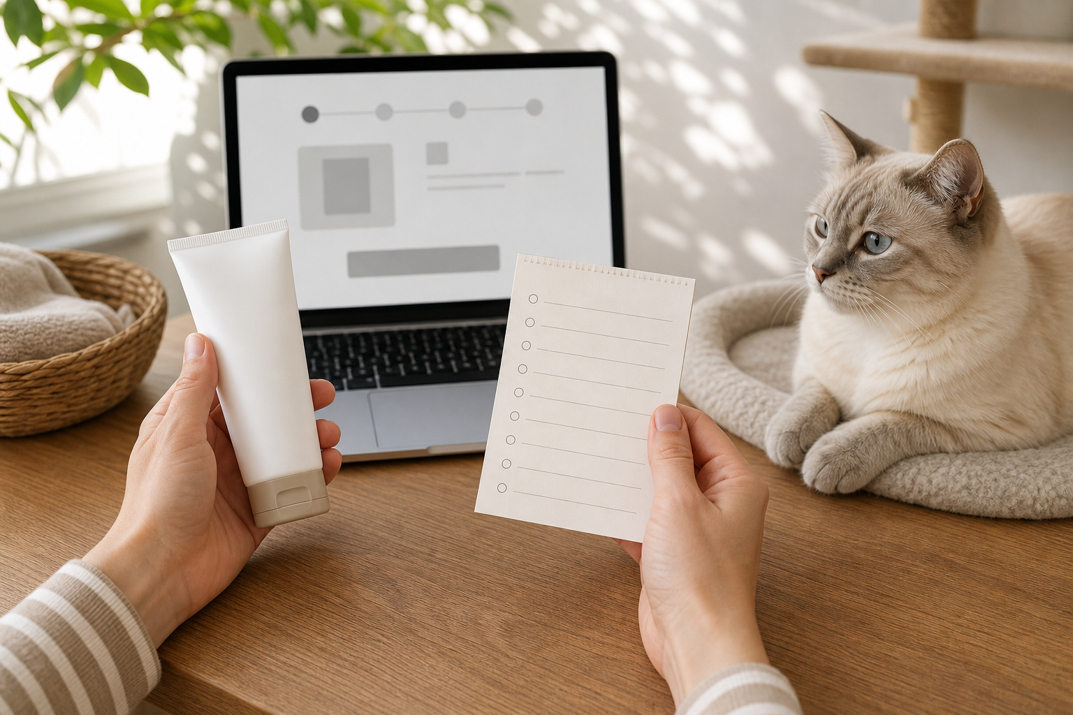 Unbranded pet sunscreen checkout checklist with a cat nearby