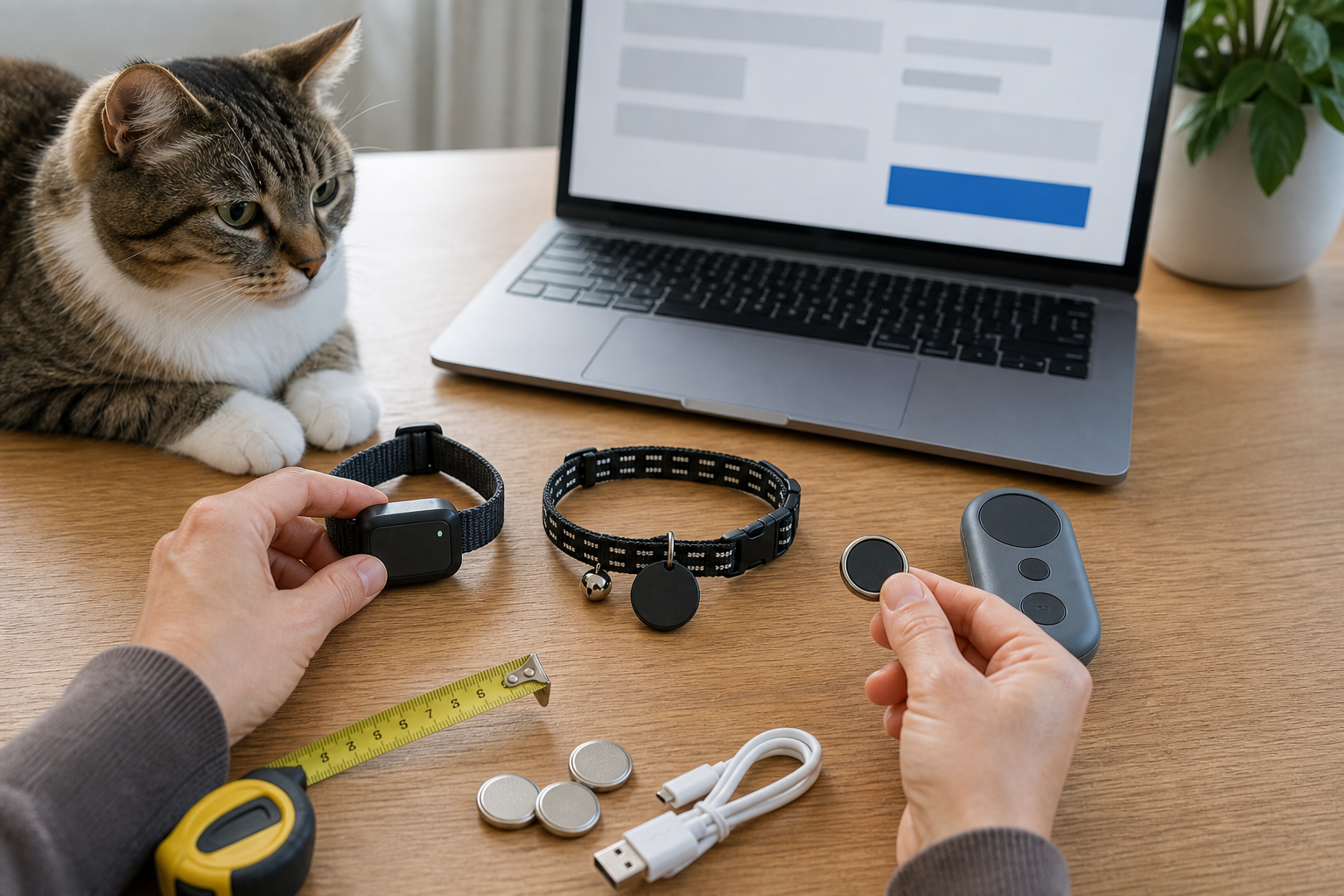Unbranded cat tracker options compared before checkout with a calm cat nearby