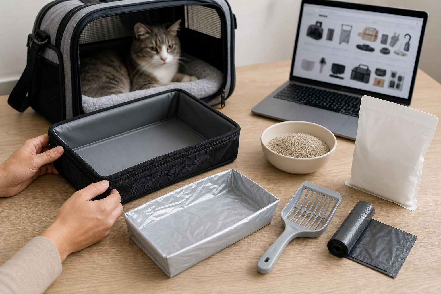 Unbranded cat travel litter box and checkout supplies being compared