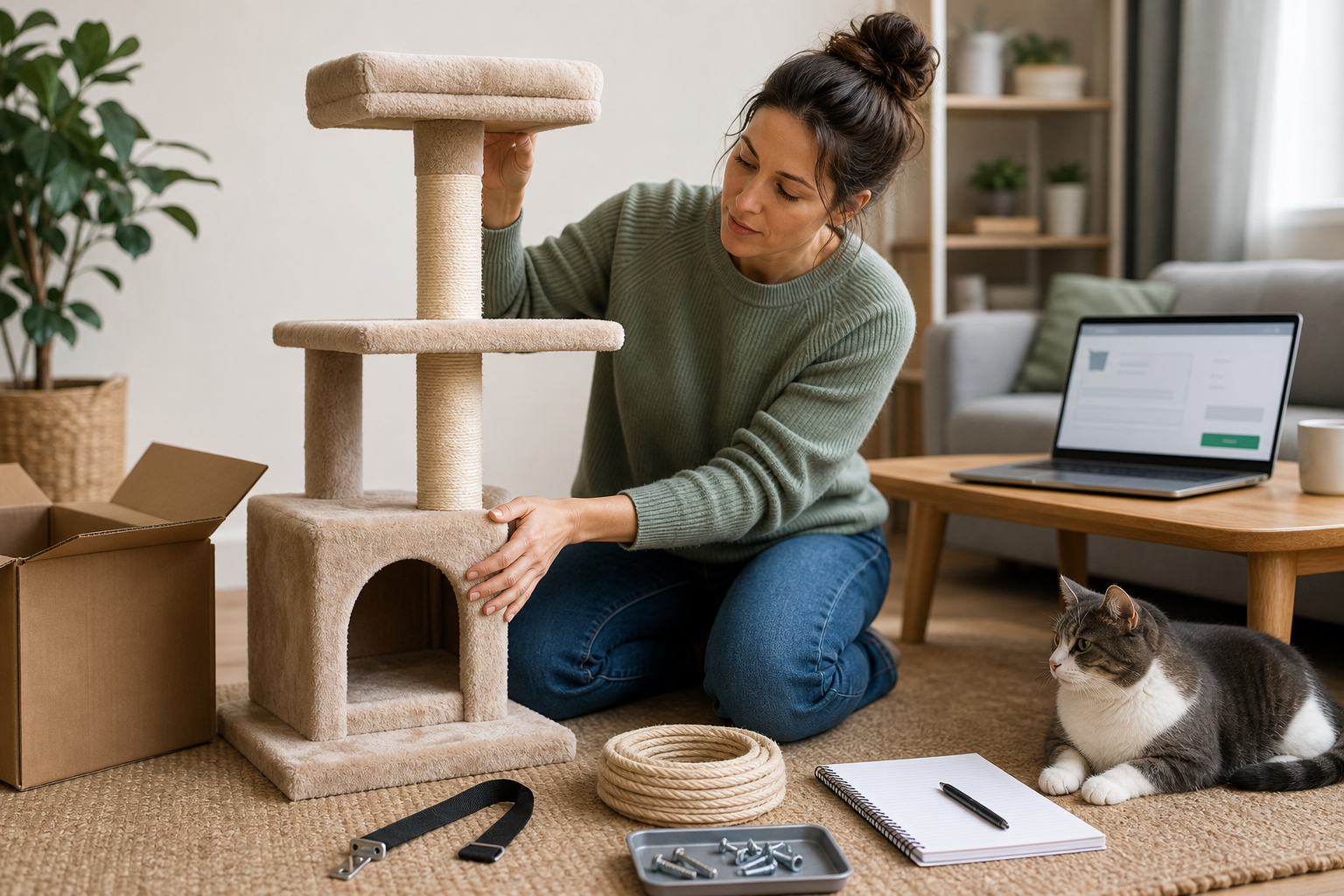 Pet owner checking cat tree measurements, parts and anchor strap before checkout
