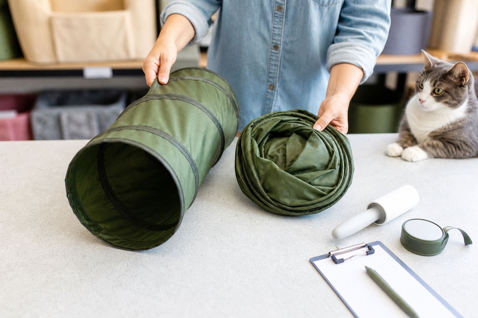 Unbranded collapsible cat play tunnels being compared before checkout