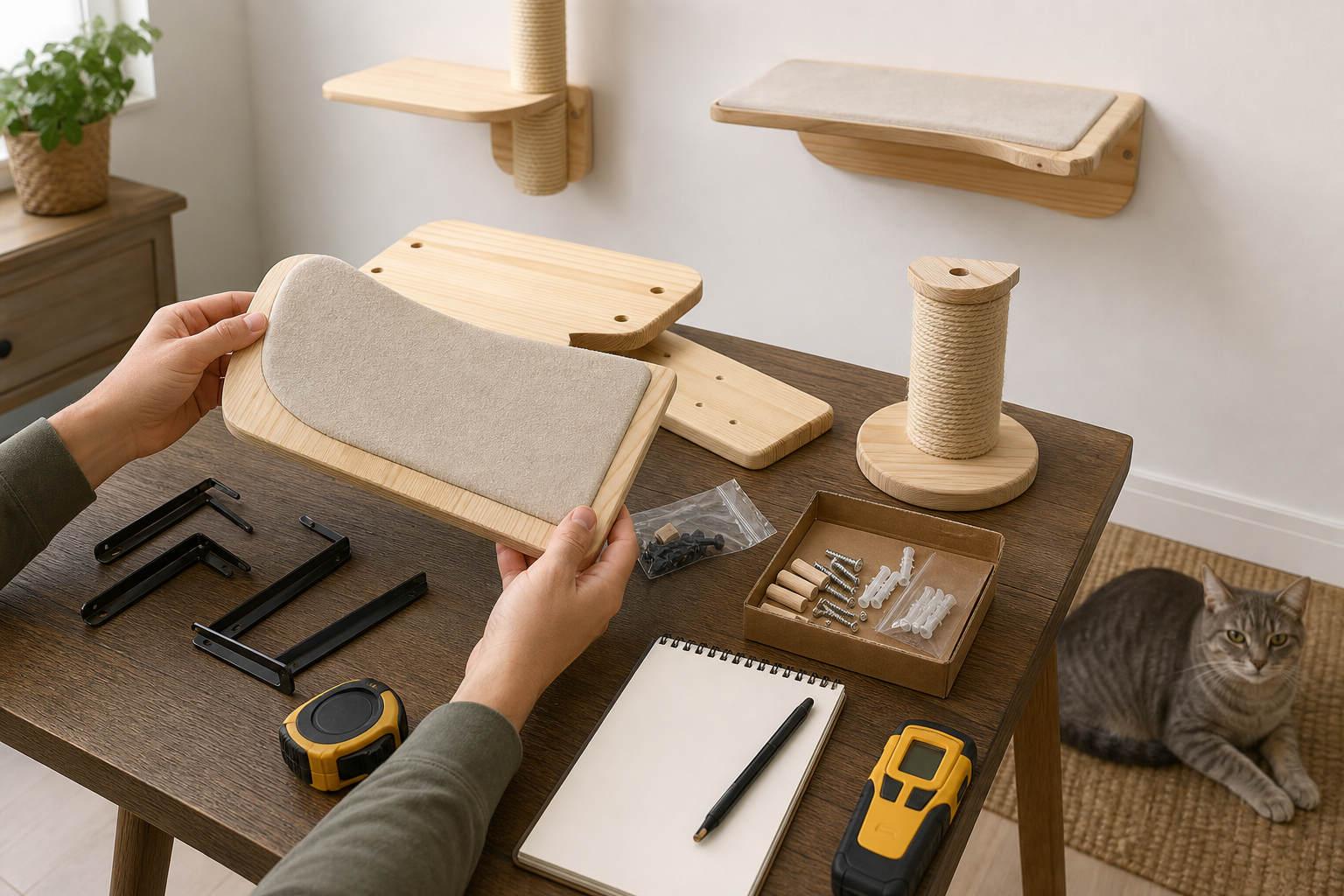 Unbranded cat wall shelf parts being checked before purchase