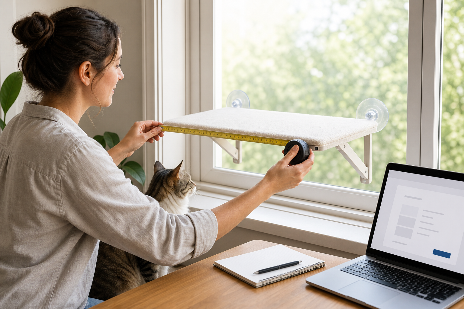 Pet owner measuring and checking a generic unbranded cat window perch before checkout