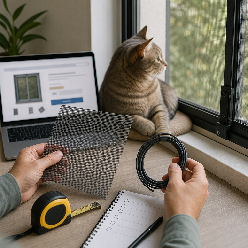 Pet-resistant window screen mesh and spline being compared before checkout
