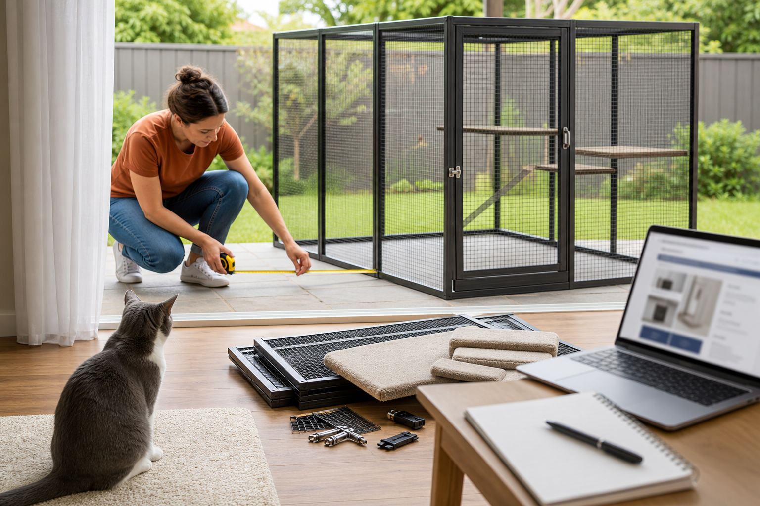 Pet owner measuring patio space beside an unbranded catio with a cat nearby