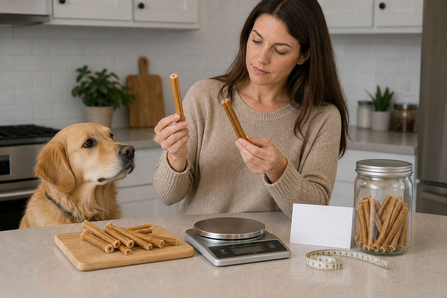 Pet owner comparing unbranded collagen-style dog chews before checkout