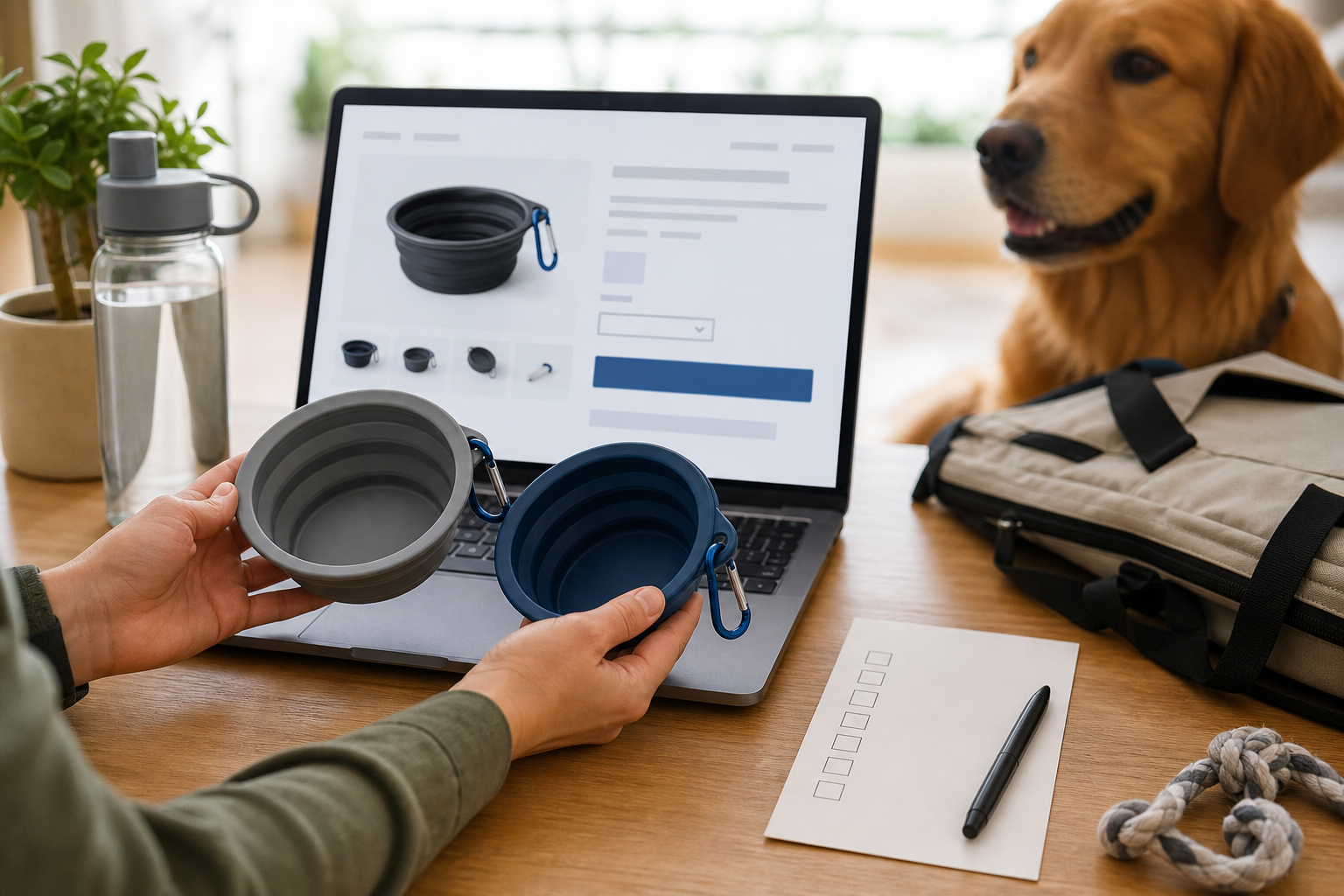 Unbranded collapsible pet bowls being checked before a summer travel purchase