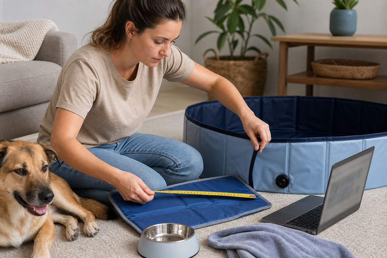Pet owner measuring unbranded pet cooling supplies before buying