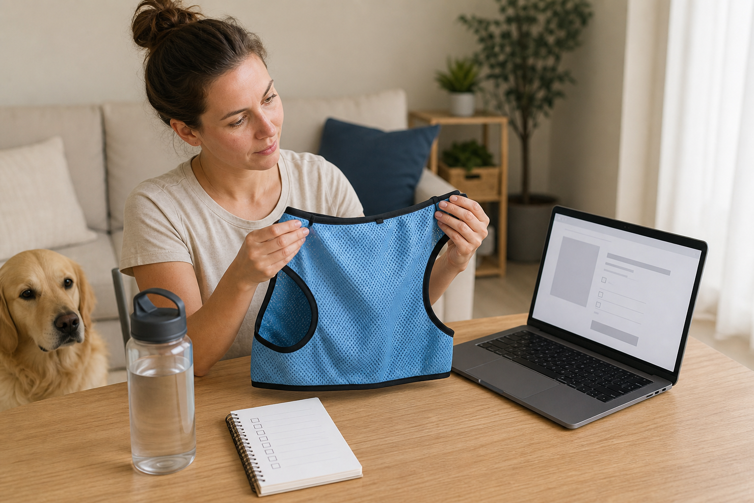 Pet owner comparing an unbranded dog cooling vest before checkout