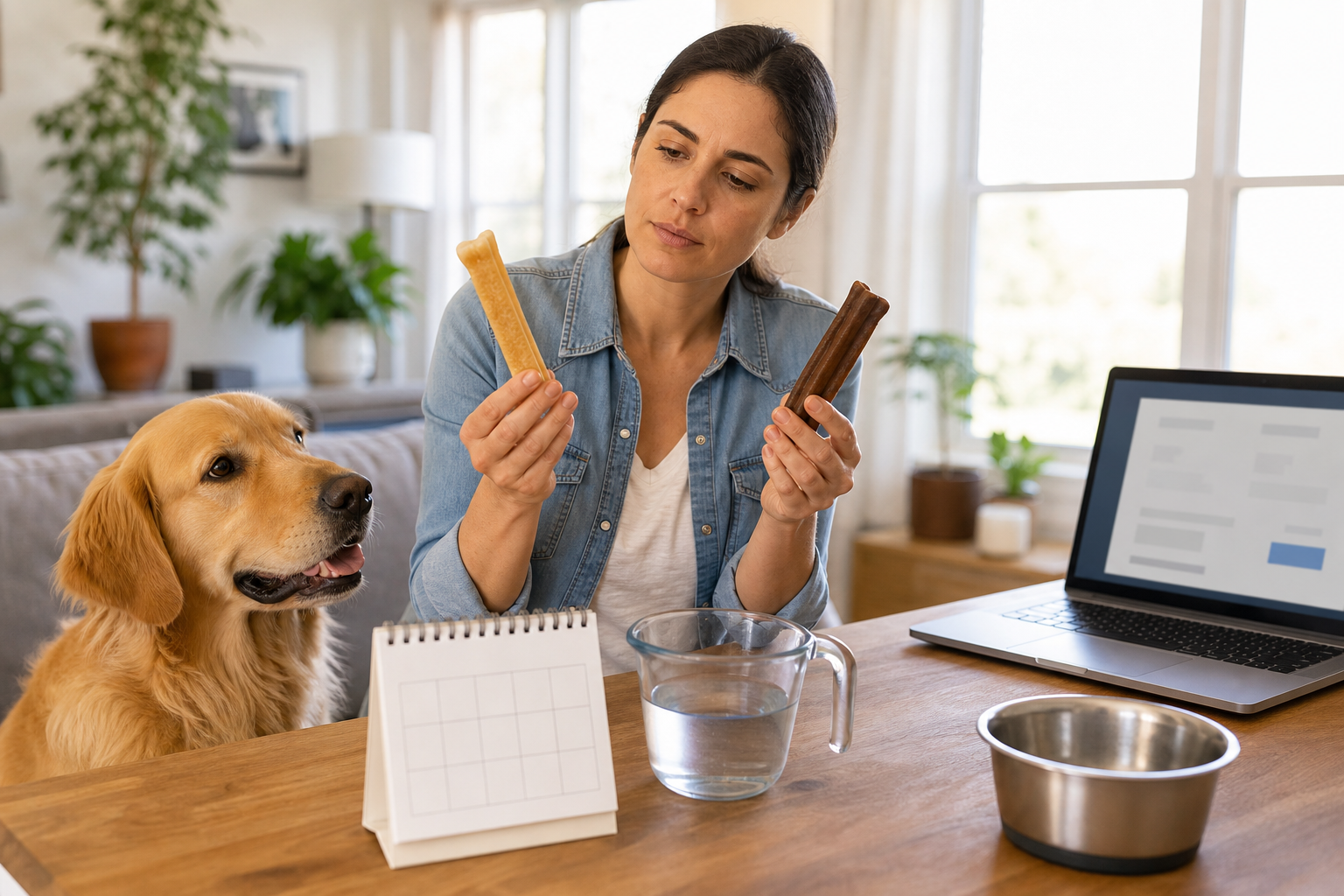 Pet owner comparing unbranded dog dental chews before checkout