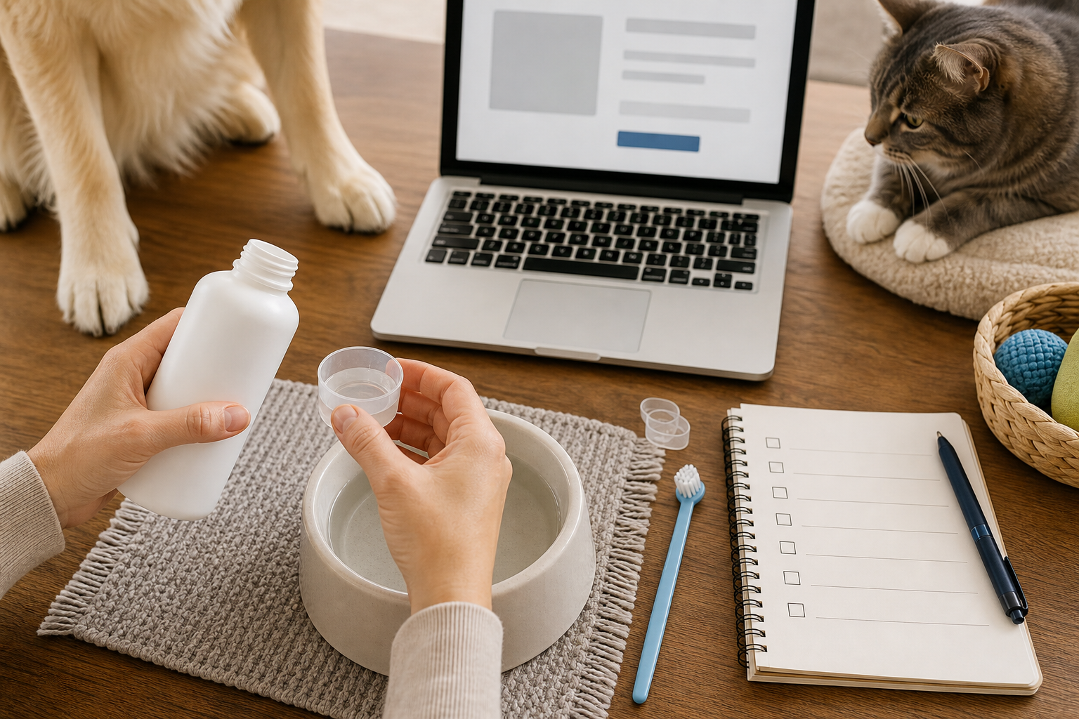 Pet owner comparing an unbranded dental water additive before checkout