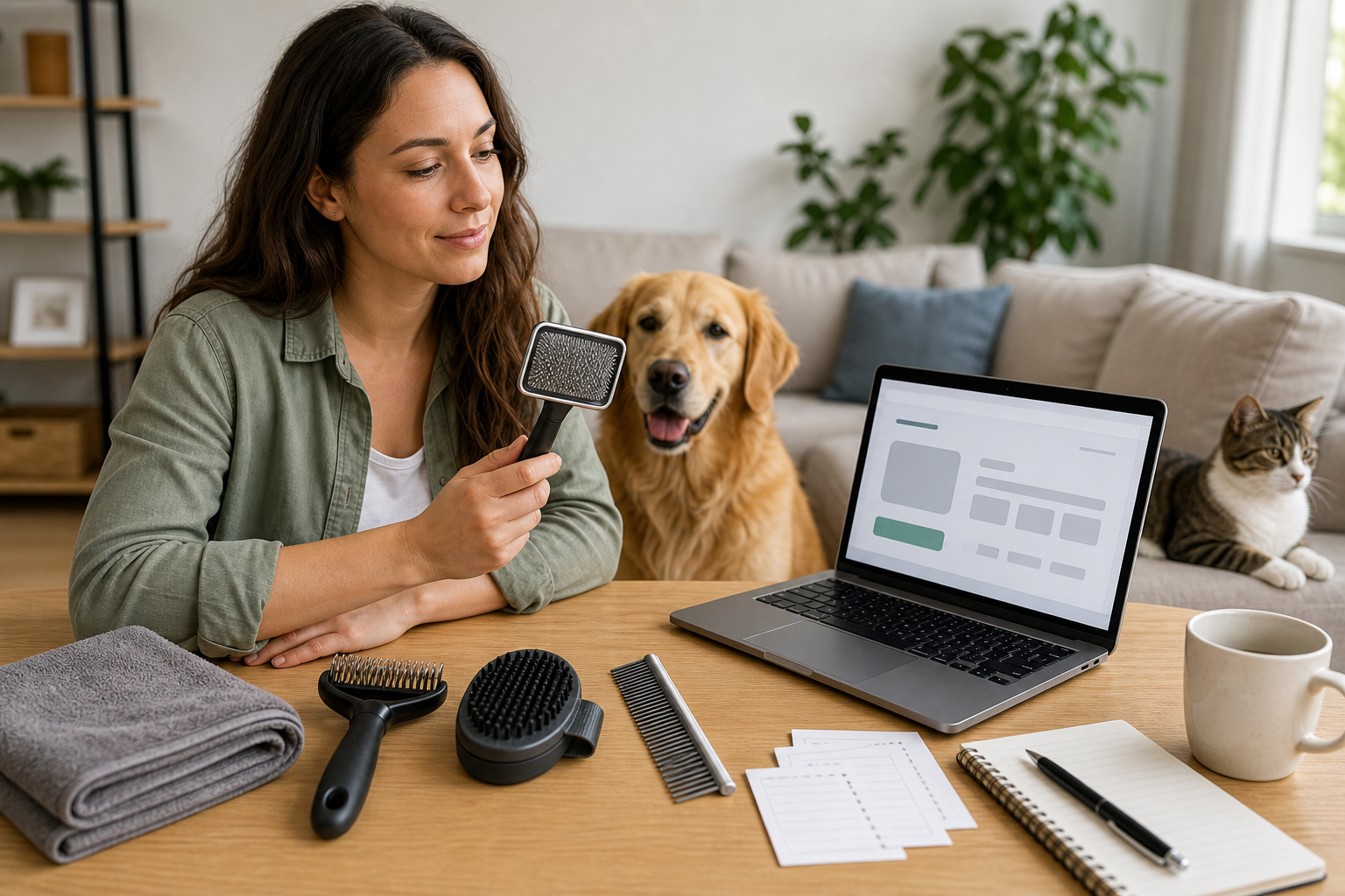 Pet owner comparing unbranded grooming brushes before checkout