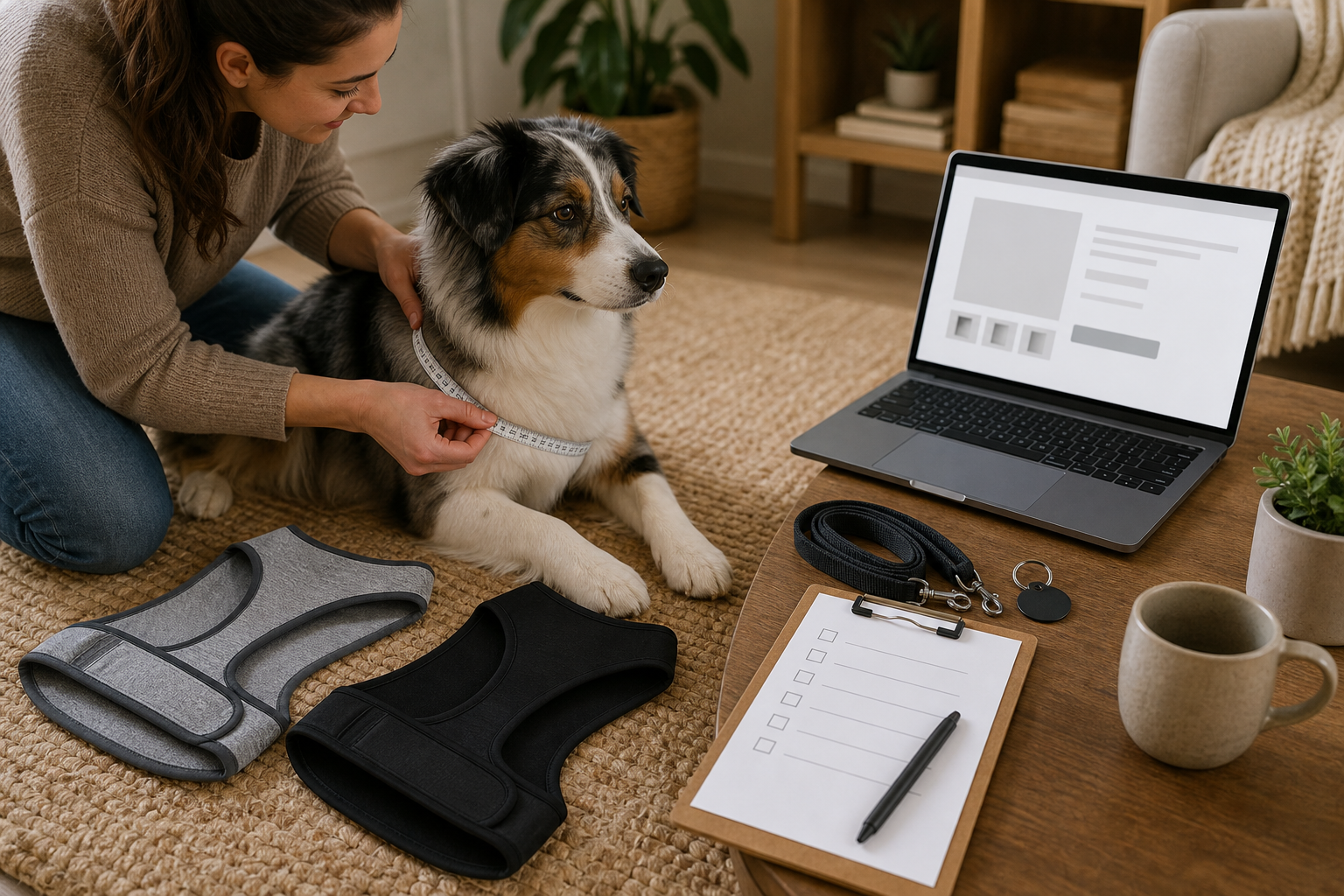 Pet owner measuring a calm dog before buying an unbranded anxiety vest