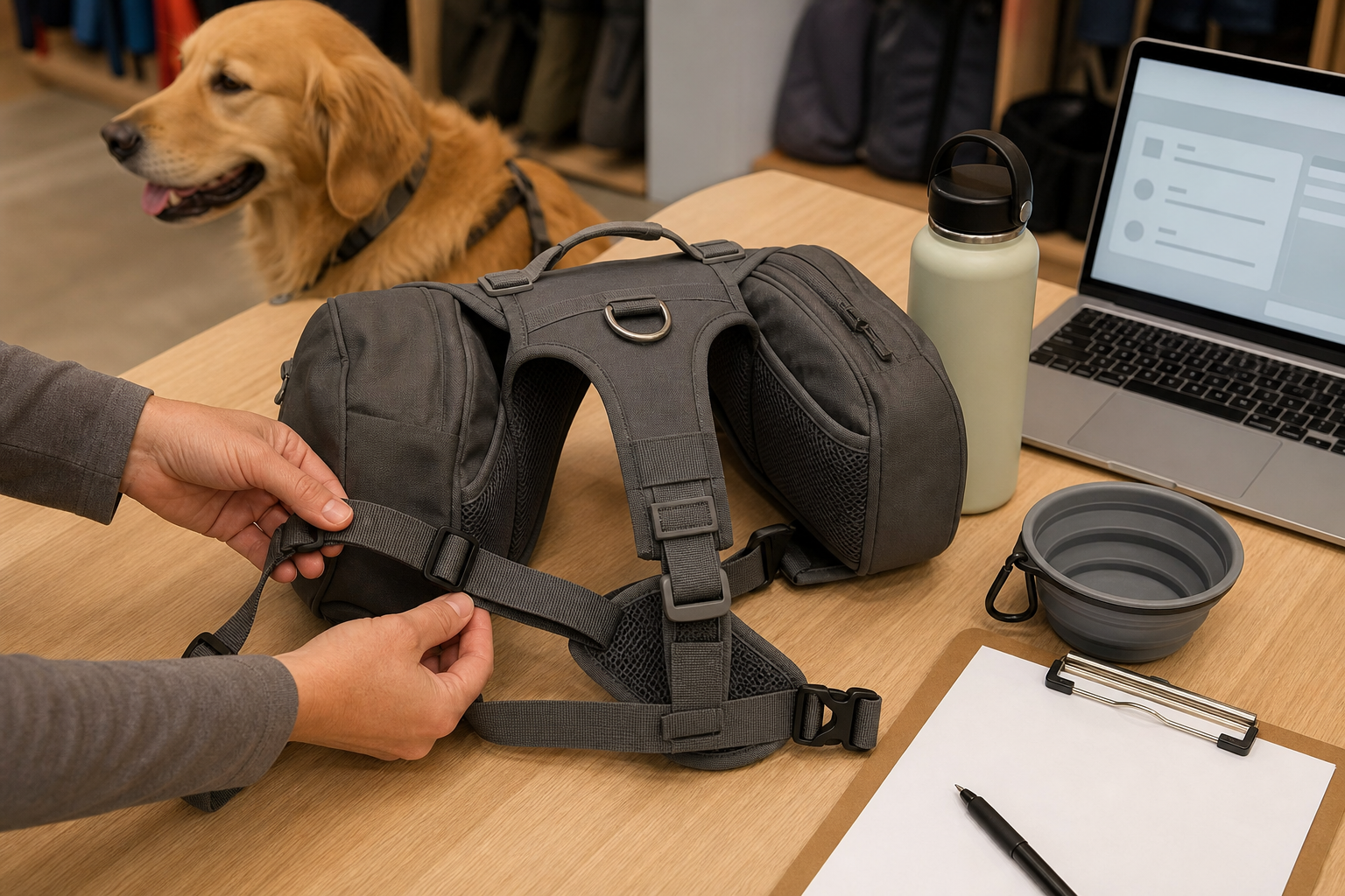 Unbranded dog hiking backpack being checked before purchase