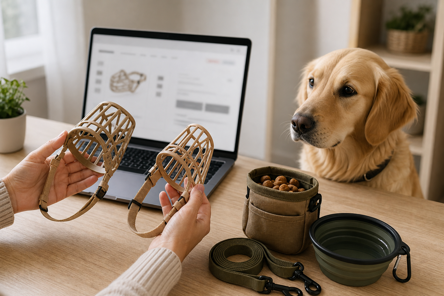 Unbranded basket dog muzzles compared beside a calm dog before checkout