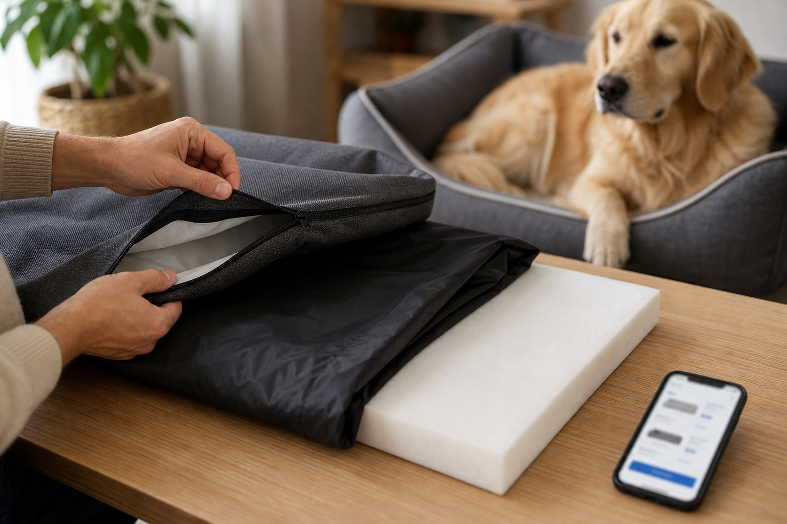 Unbranded washable dog bed cover, liner and foam insert checked before checkout