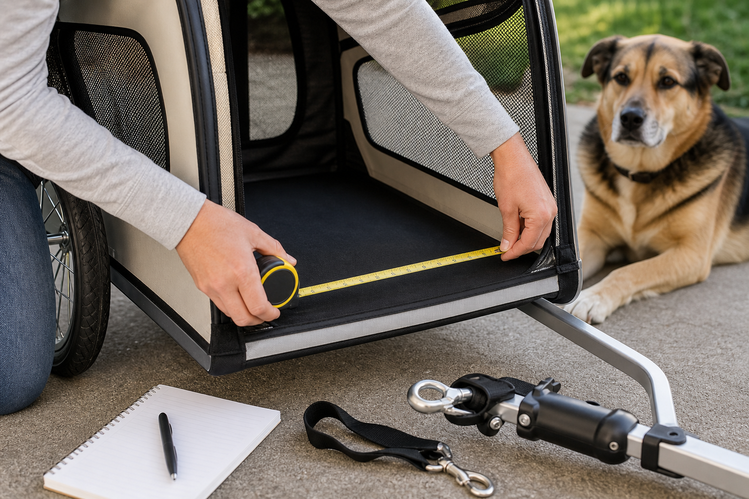 Pet owner measuring the interior of an unbranded dog bike trailer before checkout