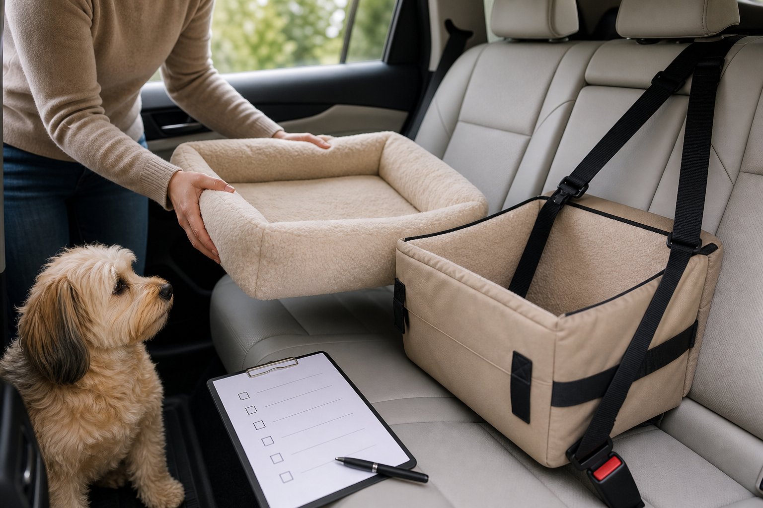 Pet owner checking an unbranded dog car bed in a back seat