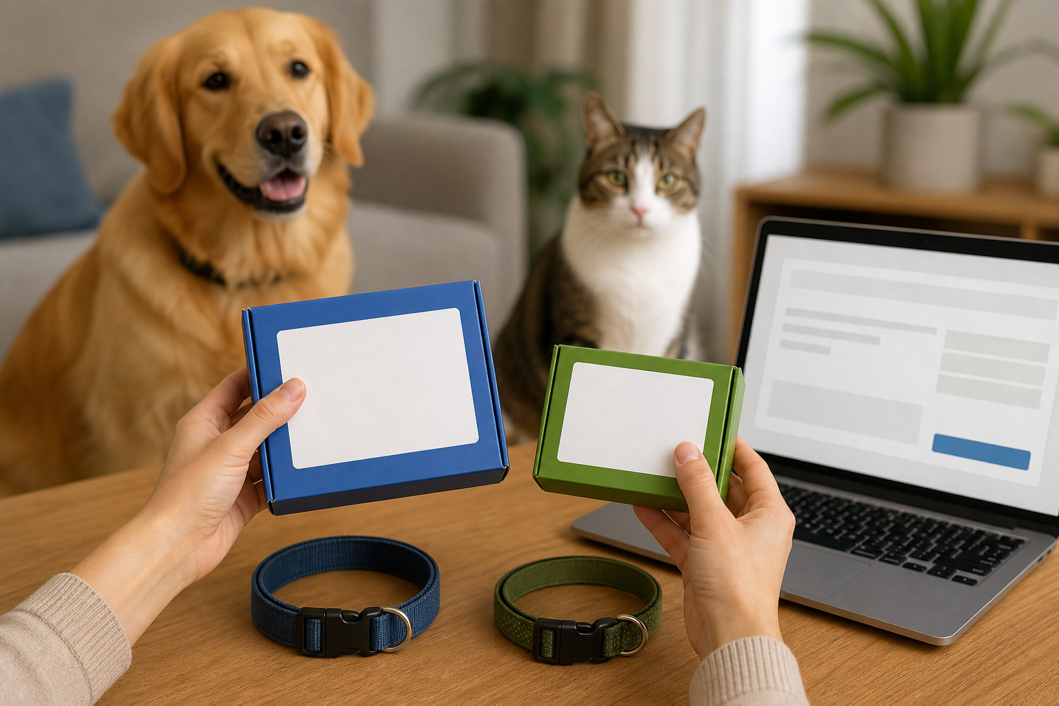 Pet owner comparing unbranded dog and cat flea product labels before checkout