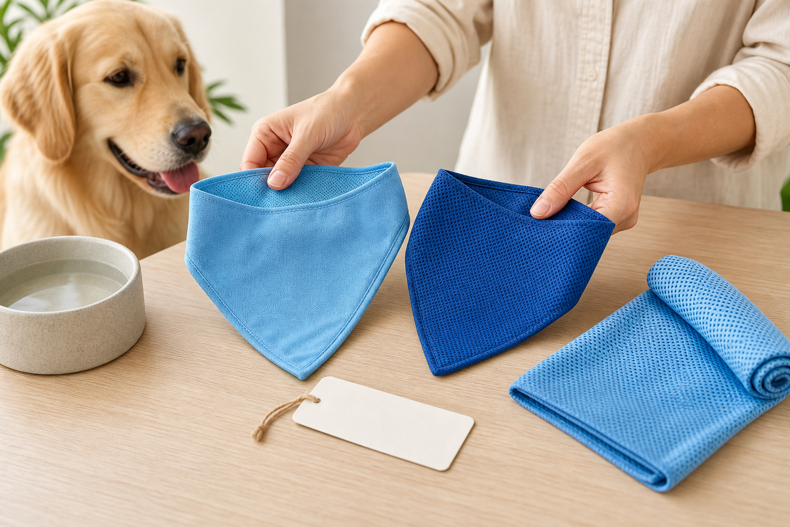 Unbranded dog cooling bandanas and cooling towel being compared before checkout